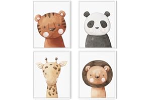 HappyArts® | Kinderzimmer Bilder A4 Poster 4er Set Deko Mädchen Junge Babyzimmer | Handgemalte Skandinavische Tiere Safari Löwe Tiger OHNE RAHMEN
