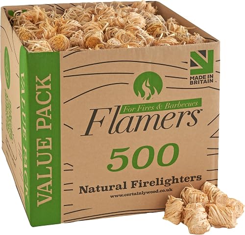 Flamers Natural Wood Wool Firelighters 500 Value Pack – Fire Lighters for Wood Burner, Open Fires and Fireplaces – BBQ starter – Fires starters- Made by us in the UK