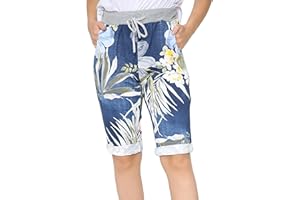 Love My Fashions® Women's Italian Shorts Ladies Summer Cotton Turn-Up 3/4 Cropped Printed Trousers Elasticated Drawstring Knee-Length Denim Magic Shorts