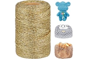 LEREATI Hilo Metálico para Crochet 3mm x 100m Hilo Macrame de Poliéster Yarn Glitter, Hilo para Tejer a Crochet Bolso de Mano Sombrero Cesta DIY Manualidades Decoración (Dorado)