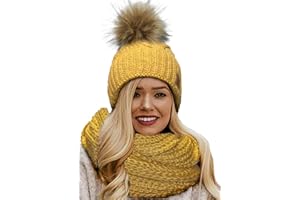 4sold Winter Cappello Set da Donna Taglia Unica di Lana di Mohair e Sciarpa Invernale di Lana Berretto Beanie Fodera in Pile Pompom Artificiale