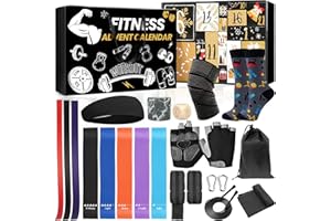 iZoeL Calendrier de l'Avent Fitness Calendrier de l'Avent Homme Elastique Sport Fitness Musculation, Cadeaux Noel - Cordes à sauter Bandes Resistance Bandes Traction Gants, pour Papa Épouses Maris