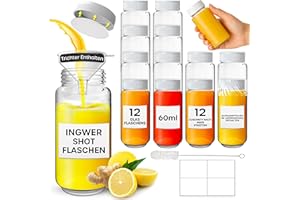 VOLILA Mini bouteille Verre – 60ml (lot de 12) Large bouche Mignonette Vide – Petite Bouteille en Verre pour Jus, Huiles & Liqueurs– Bouteille reutilisable avec entonnoir, pinceau, étiquettes et stylo