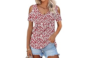 WNEEDU Women Summer Cold Shoulder Tops V Neck Short Sleeve Casual T Shirt