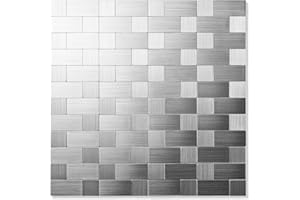 Yipscazo 10pcs Stick on Tiles for Kitchen, Brushed Aluminium Peel and Stick Wall Tiles Stickers, 30cm x 30cm Waterprof Self Adhensive Tile Backsplash for Bathroom