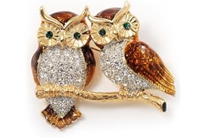 AVALAYA Two Gold Crystal Sitting Owls Brooch - 35mm
