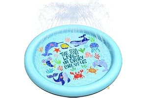 Peteast Anti-Slip Ocean-Themed Splash Pad for Kids and Dogs - 67in 0.58mm Thicken Sprinkler Dog Pool for Summer Outdoor Water Toys - Fun Backyard Play Mat for Children and Pets