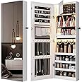 Mirror Jewelry Cabinet with Storage: Jewelry Armoire with Full Length Mirror 360° Swivel & LED lights Standing Jewelry Holder Organizer with Rear Storage Shelves, Lockable (white-6254)