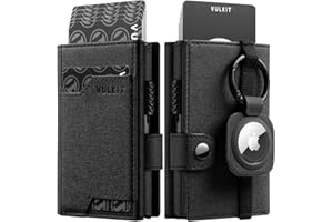 VULKIT Portfel Airtag Męskie Etui na Karty Kredytowe z Blokadą RFID z Przegródką na Banknoty Wysuwany Portfel z Wyjmowanym Uchwytem na Brelok do Kluczy Kompatybilny z AirTag, Czarny