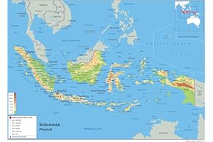 TIGER MOON Carte murale physique de l’Indonésie en papier laminé A2 Size 42 x 59.4 cm