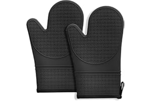 MEETOZ Silicone Oven Mitts, Oven Gloves with Non-Slip silicone- 2PCS Black Oven Mitts Heat Resistant 600 Degree, Soft Lining Silicone Oven Gloves for Cooking Baking Kitchen Mittens