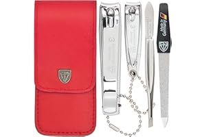 DREI SCHWERTER Germany zestaw do manicure 'Bari' – 4-częściowy z czerwonej sztucznej skóry, zawartość: pęseta, szafirowy pilnik do paznokci, obcinacz do paznokci stóp, idealny na każdą podróż!