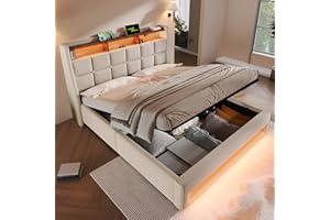 MYBOO 4ft6 Double Bed Frame with Hydraulic Lift&LED Storage Headboard, Linen Functional Upholstered Ottoman Bed with LED Lighting&USB Type-C Charging, Hydraulic Storage Bed with Slat, No Mattress, Beige