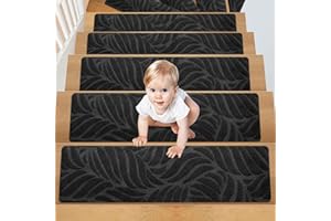 Suimlmta 15 Pack Stair Treads Carpet 76 x 20cm Black Non-Slip Stair Mats Pads Runner Self Adhesive Reusable Indoor Step Protectors Cover for Pets Kids Elders