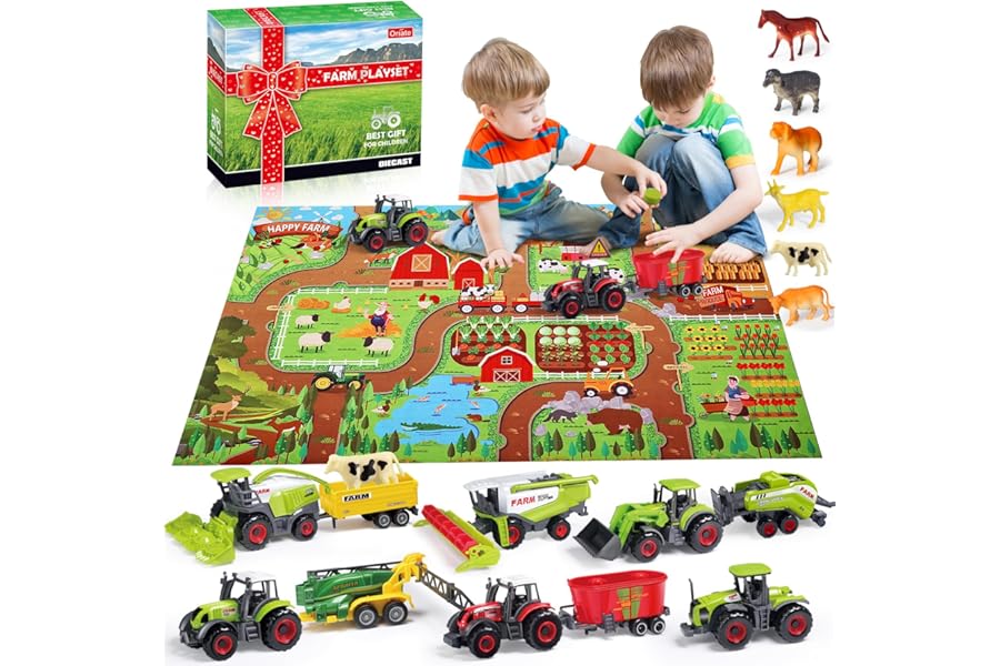 Oriate Farm Animals Tractor Toy Set, 38pcs Educational Farming Playset incl Realistic Partially Diecast Tractors and Combine Harvester Toys, Large Activity Play Mat, Ideal Kids Toys Gifts