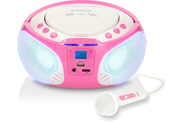 Lenco SCD-650 - Radio CD - Chaîne Stéréo - Boombox - Lecteur CD Portable - USB - MP3 - Radio FM - Bluetooth 3.0 - Eclairage LED - Fonctionnement sur Piles ou Secteur - Fonction Sing-A-Long - Rose