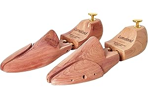 OXID7 Lumaland® - Tenditore per scarpe in legno di cedro, per uomo e donna, doppia sospensione per una perfetta conservazione della forma, lama anteriore divisa e regolabile, con sacchetto in cotone