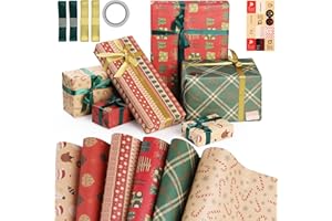 Hianjoo 6 Fogli Carta da Regalo Natalizia Kraft Riciclabile con 1 Foglio di Adesivi, 4 Nastri, 1 Nastro per Valentine's Day, Compleanno, Decorazione regalo, Artigianato fai-da-te 70 * 50 cm -Natalizia