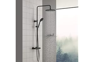 CECIPA Columna Ducha Negra con Termostatica de 38°C, Conjunto Ducha Negra con Grifo, Sistema Ducha Termostatico Negro Altura Ajustable con 5 Modos de Rociador