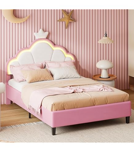 Lit Enfant Fille 140x200cm Capitonné Tête Fleur - Velours Beige, Sommier Lattes - Sans Matelas