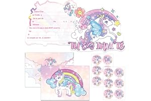 SHOWHEEL Carte Invitation Anniversaire Fille 12 Pièces, Carte Anniversaire Licorne avec Enveloppes et Autocollants Licorne, Invitation Anniversaire Fille, Licorne Anniversaire Fille
