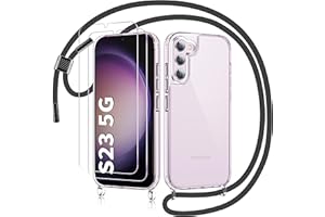 AROYI Handykette für Samsung Galaxy S23 5G Hülle mit Band Und 2 Schutzfolie, Transparent Silikon Handyhülle Samsung S23 mit Kette zum Umhängeband Abnehmbar Stossfest Schutzhülle Case, Schwarz