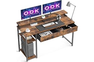 ‎ODK ODK Schreibtisch mit 2 Schubladen, Computertisch mit Regalen und Monitorständer, Bürotisch mit Bücherregal, Computertisch Klein PC-Tisch Officetisch für Home Office, 120x50x87cm, Rustikales Braun