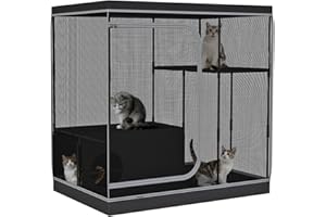 DINMO Grande Cage pour Chat, enclos intérieur avec bac à litière, Parc pour Chats et Petits Animaux, chenil à Plusieurs Niveaux, Parc pour Animaux avec Fond imperméable, Noir