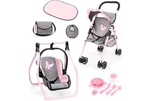 BAYER DESIGN Bayer Pink Dolls Stroller and Swing - Baby Doll Pram Set for little ones with Kids Pushchair for Dolls 46 cm, Swing Carrier, Feeding Accessories, Changing Bag, Basket - Toy Buggy for Girls, Toddler