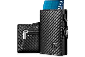 Tomylv Geldbörse Herren Slim RFID Schutz Kohlenstofffaser Portmonee Herren, Automatisches Popup Geldbeutel Herren Kartenetui Kreditkartenetui mit Banknotenfächer, Münzfach und Geschenkbox - Schwarz