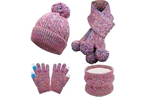 Wusboo Set Sciarpa e Cappello Bambina, Berretto Invernale con Pon Pon, Include Scaldacollo Foderato, Sciarpa e Guanti, Set Cappello Scaldacollo e Guanti per Bambino Elastico per Bambine da 3 a 8 Anni