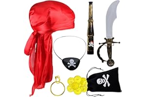 Orgoue 7 Stück Piratenkostüm Kinder Zubehör, Captain Pirate Kostüm Pirat Kostüm Piratenset Bestehend Aus Säbel + Augenklappe + Goldener Ohrring + Fernrohr + Totenkopfbeutel