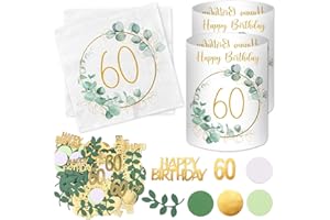 LUCKEEY 20 Stück Servietten 60 Geburtstag+ 12 Windlicht Tischdeko + 100 Konfetti 60.TER Grün, Deko 60. Geburtstag Frau Mann, Eukalyptus Tisch Deko 60 Jahre