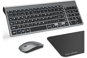 Pack Teclado y Mouse Inalámbricos Ultra Delgado con Almohadilla de Ratón, MOOJAY 2.4G USB Compacto Silencioso Kit Teclado Ratón con Cubierta, Baterías AA y AAA, para PC/Portatil/Windows - Gris Negro