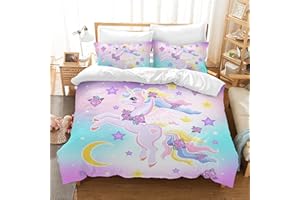 LLTTEER Housse de Couette Licorne pour Enfants,Parure de lit Licorne Cartoon 3D Imprimé,Soft Microfibre Housse de Couette avec 2 taies d'oreiller 50x75cm pour Les Filles (Licorne 05, 200 x 200 cm)
