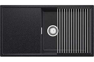 PRIMAGRAN Evier Cuisine en Granit Graphite 90x50cm, Lavabo 1 bac + Kit de Vidage + Égouttoir Enroulable, Évier à Encastrer al mueble 60cm - Ibiza S054