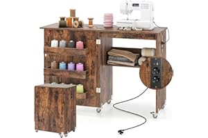 RELAX4LIFE Tavolo da Cucito Pieghevole con Ampio Piano del Tavolo, 3 Vani, Ripiano Portaoggetti,Mobiletto Salvaspazio con Ruote per Ago, Filo e Forbici (Con Prese,Industriale)