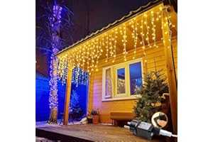 da LIGHT EisRegen łańcuch świetlny na zewnątrz, 400 diod LED, 10 m, przewód zasilający 5 m, 8 trybów pracy z timerem i funkcją pamięci, wodoszczelność IP44, ciepła biel, 2500 K, do użytku wewnątrz i