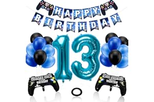 Phoetya Dekorationen zum 13. Geburtstag für Jungen, Gaming-Motto-Geburtstagsparty-Dekorationsset für Gamer, Happy Birthday-Banner, Game-Controller-Luftballons, schwarz-blaue Luftballons für Kinderpart