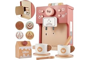 BUYGER Macchina da Caffè Accessori Cucina Bambini in Legno, Giocattolo Educativi Montessori, Set Cucina Cibo Finto, Regalo per Bambino Bambina 3 4 5 + Anni