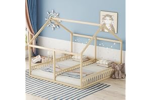 Rtopsu Letto per Bambini Letto Matrimoniale 90x200 cm, Letto a Soppalco con Rete a Doghe in Legno per 2 Ragazzi, Letto Casa Letto in Legno con Protezione Anticaduta, Naturale, Senza Materasso