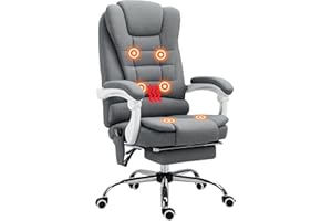 Vinsetto Office Chair with 6 Point Massage and Back Heat, Linen Desk Chair with Footrest Adjustable Height and Swivel Wheels, Back Reclining, Grey