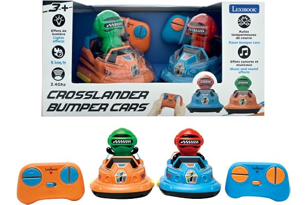 Lexibook, Crosslander® Bumper Cars, Lot de 2 Autos tamponneuses de Course Radio-commandées, jusqu'à 5 km/h, 2 Personnages Amovibles, Effets sonores et Lumineux, Bleu/Orange, RC2A