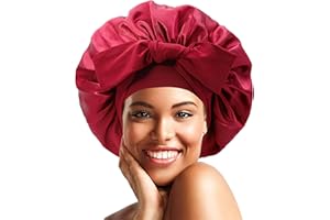 DROKENLE Satin Bonnet Silk Bonnet for Sleeping Women Hair Bonnet Night Sleep Cap Satin Hair Bonnets with Tie Band Large Size Hair Cap for Thick Curly Hair Braid (Wine Red)