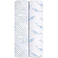 aden + anais Oceanic Swaddle Blanket - Pack of 2 | Large 100% Breathable Organic Muslin Cotton Swaddle Wrap Set for Baby Boys | Blue, Wales, Stars Print Designs | Newborn & Infant Sleep Essentials