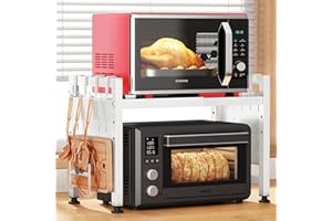 SAYZH Soporte Microondas Extensible, 2 Niveles estante microondas con 10 Ganchos, Soporte Para Microondas Para Encimera de Cocina, 40-70 cm, Blanco