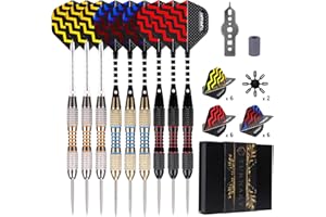 TURNART Dardos Punta de Acero 9 Piezas de 24 Gramos con 18 Ejes de Aluminio, 27 Plumas 5 Patrones, 20 Anillos de Goma, Estuche de Regalo de Dardos