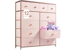 EnHomee Pink Chest of Drawers Bedroom with 12 Drawers for Girls Bedroom Tall Chest of Drawers Fabric Storage Drawers Dresser for Closet, Clothes, Living Room,Wood Top & Metal Frame,Pink