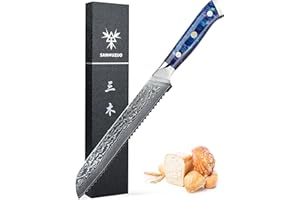 SANMUZUO Damas Couteaux à pain avec Lame 20 cm Professionnel Couteau Cuisine Dentelée en Japonais VG-10 67 Couche Damas Acier avec Poignée en Résine(Bleu Saphir) - Xuan Série