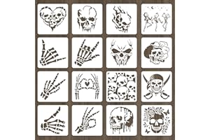 beinkmake 16Pcs Skull Stencil PET Painting Templates Skeleton Halloween Inlay Border Stencils for Furniture Reusable DIY Craft for Wall Wood Fabric Canvas Paper Home Decor 7.87 x 7.87inch